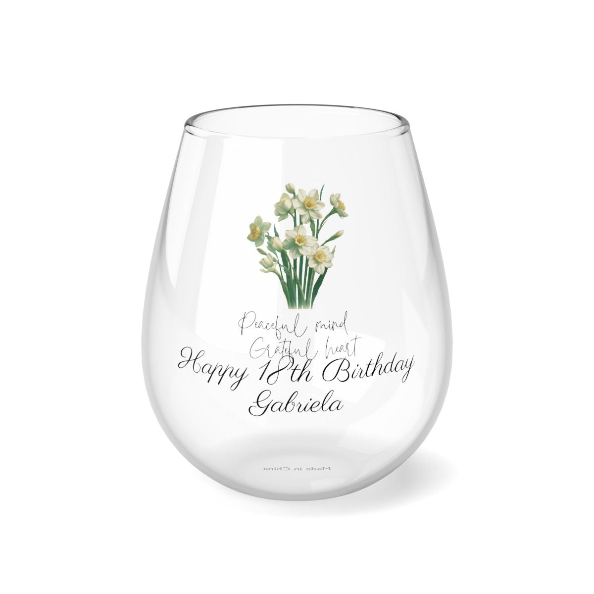 Narcissus-December Quote Personalised Floral Birthday Month Bouquet Wine Glass, Stemless Wine Glass, Whiskey Glass, Rocks Glass