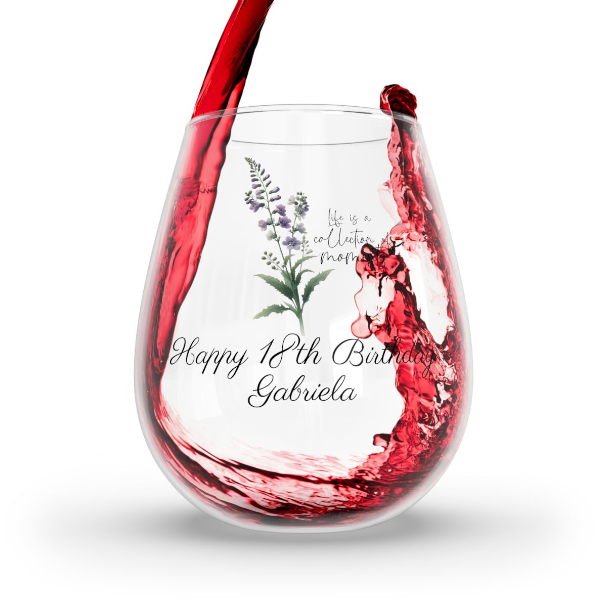 Larkspur-July Quote Personalised Floral Birthday Month Bouquet Wine Glass, Stemless Wine Glass, Whiskey Glass, Rocks Glass