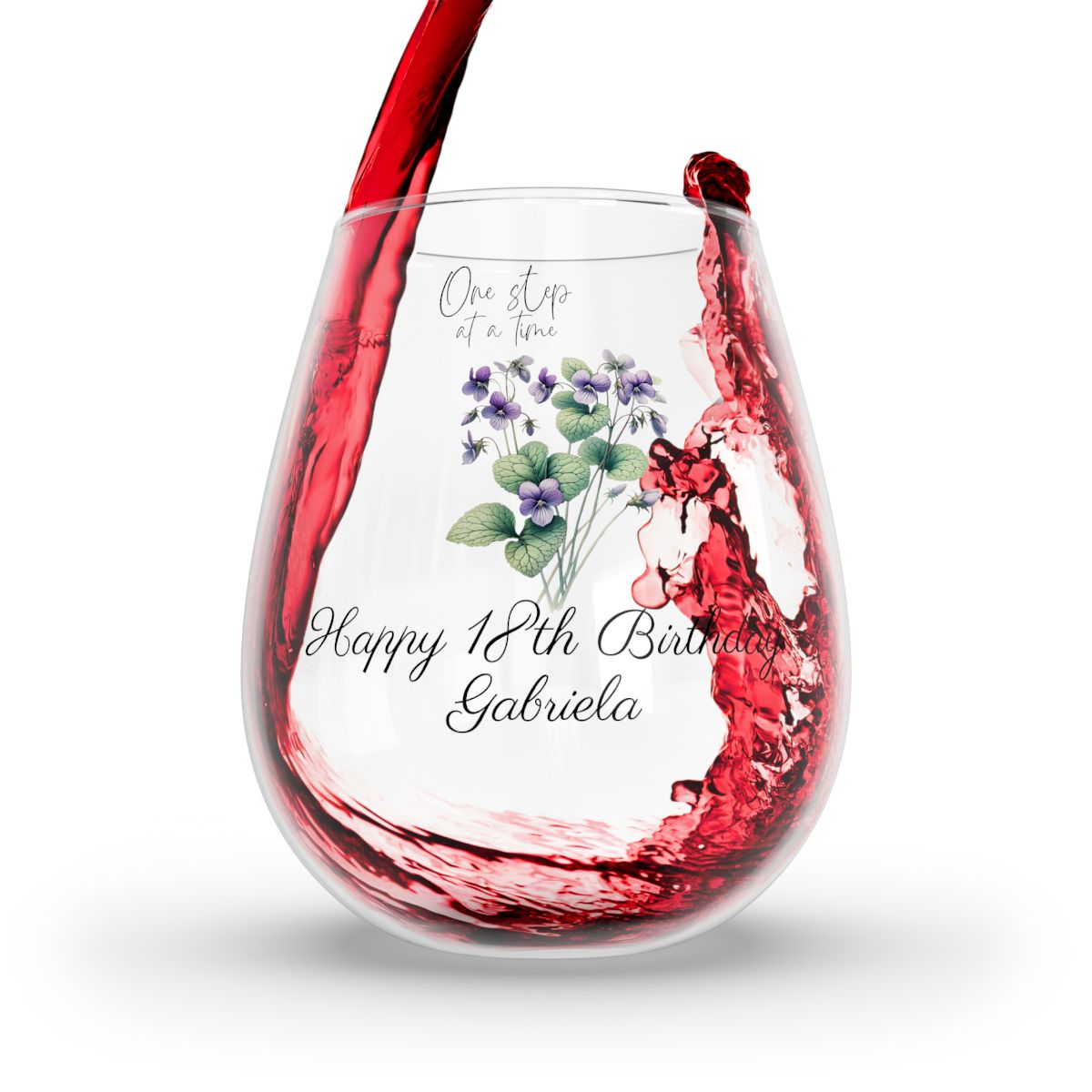 Violet-February Quote Personalised Floral Birthday Month Bouquet Wine Glass, Stemless Wine Glass, Whiskey Glass, Rocks Glass