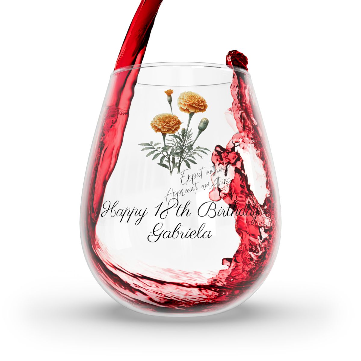 Marigold-October Quote Personalised Floral Birthday Month Bouquet Wine Glass, Stemless Wine Glass, Whiskey Glass, Rocks Glass