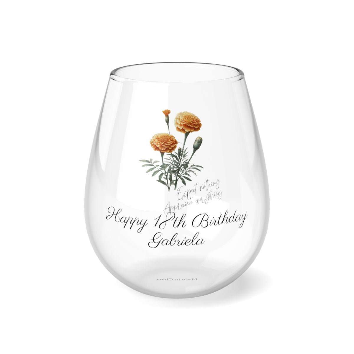 Marigold-October Quote Personalised Floral Birthday Month Bouquet Wine Glass, Stemless Wine Glass, Whiskey Glass, Rocks Glass