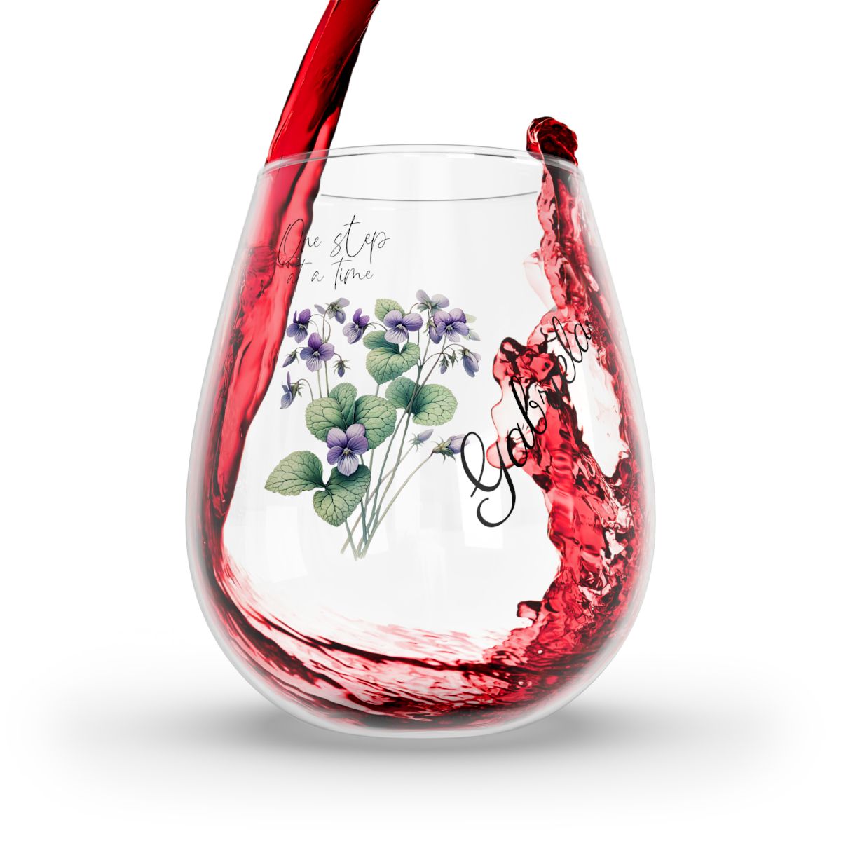 Violet-February Quote Personalised Floral Birthday Month Bouquet Wine Glass, Stemless Wine Glass, Whiskey Glass, Rocks Glass