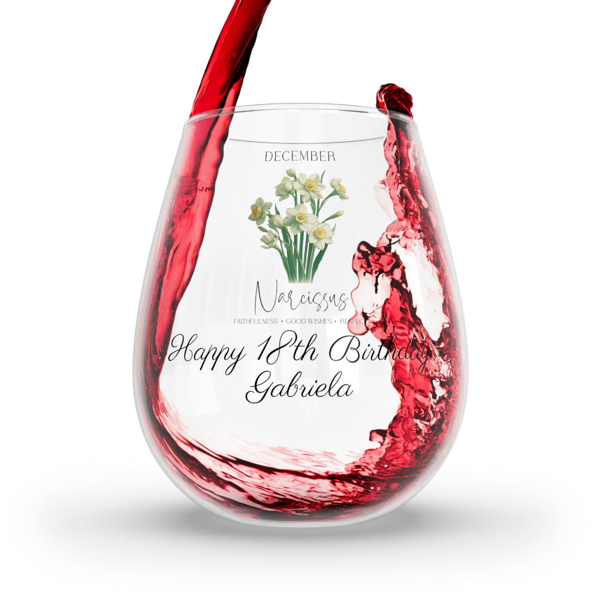 Narcissus-December Personalised Floral Birthday Month Bouquet Wine Glass, Stemless Wine Glass, Whiskey Glass, Rocks Glass
