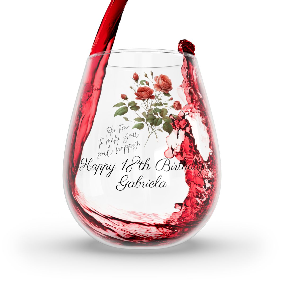 Rose-June Quote Personalised Floral Birthday Month Bouquet Wine Glass, Stemless Wine Glass, Whiskey Glass, Rocks Glass