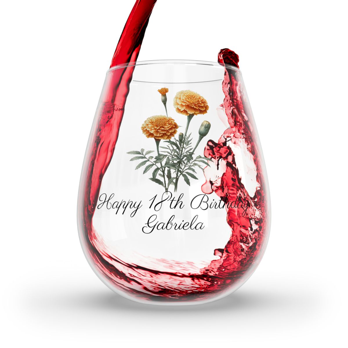 Marigold October Personalised Floral Birthday Month Bouquet Wine Glass, Stemless Wine Glass, Whiskey Glass, Rocks Glass