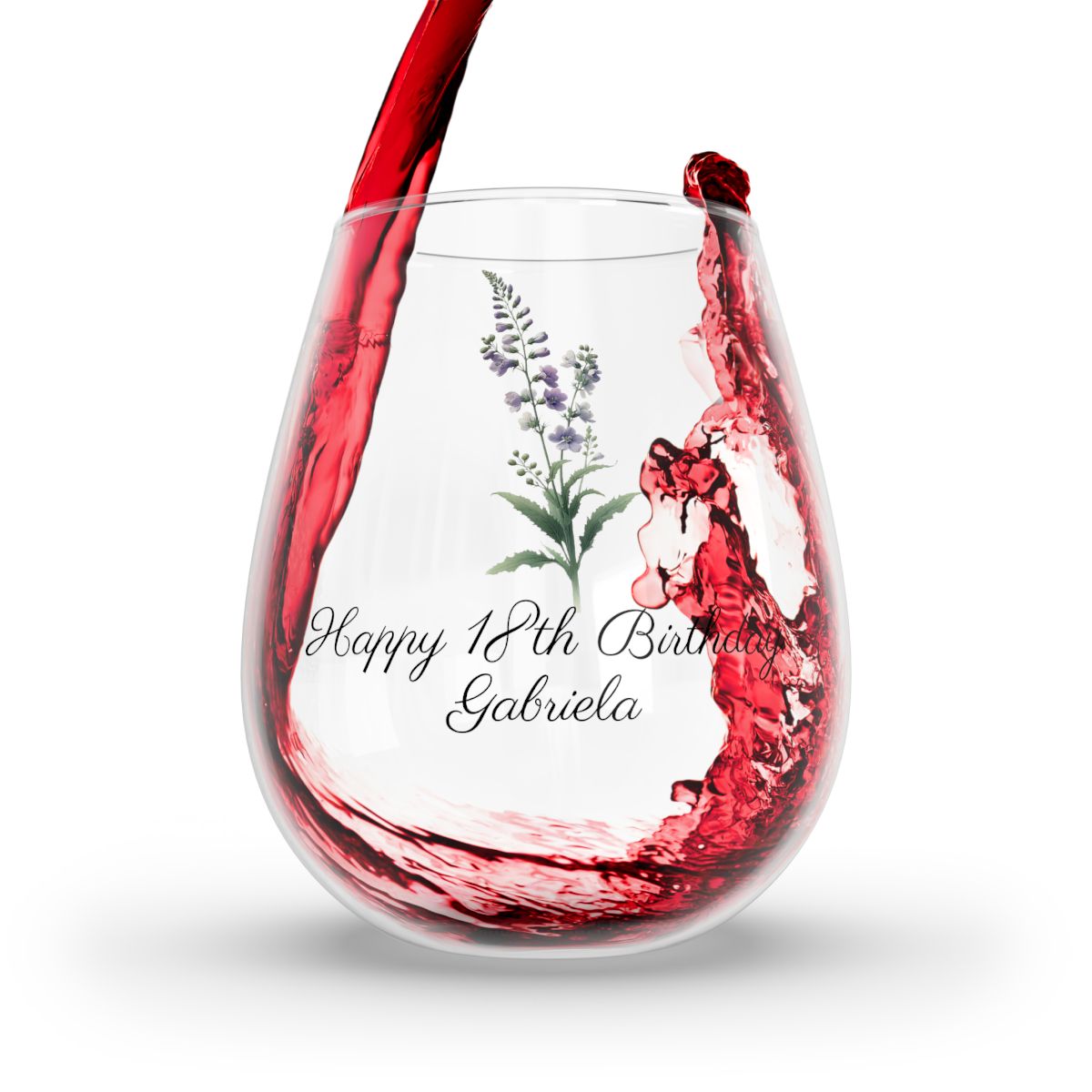 Larkspur July Personalised Floral Birthday Month Bouquet Wine Glass, Stemless Wine Glass, Whiskey Glass, Rocks Glass