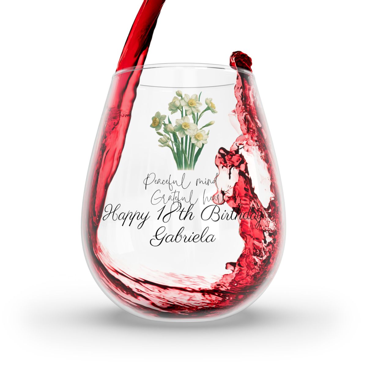 Narcissus-December Quote Personalised Floral Birthday Month Bouquet Wine Glass, Stemless Wine Glass, Whiskey Glass, Rocks Glass