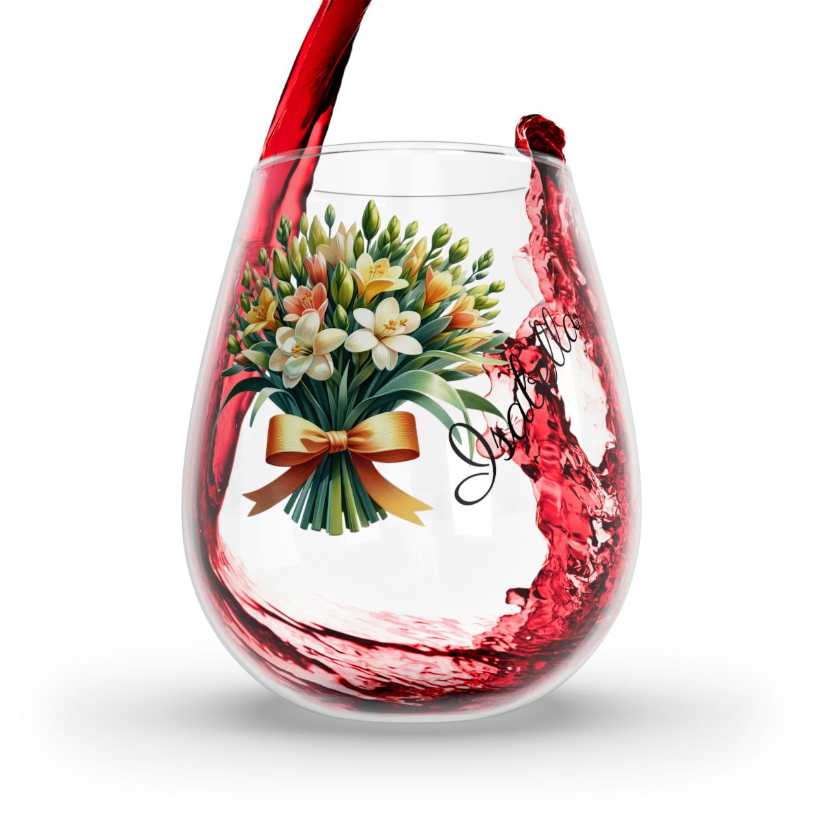 Personalised Floral Bouquet Wine Glass, Stemless Wine Glass, Whiskey Glass, Rocks Glass