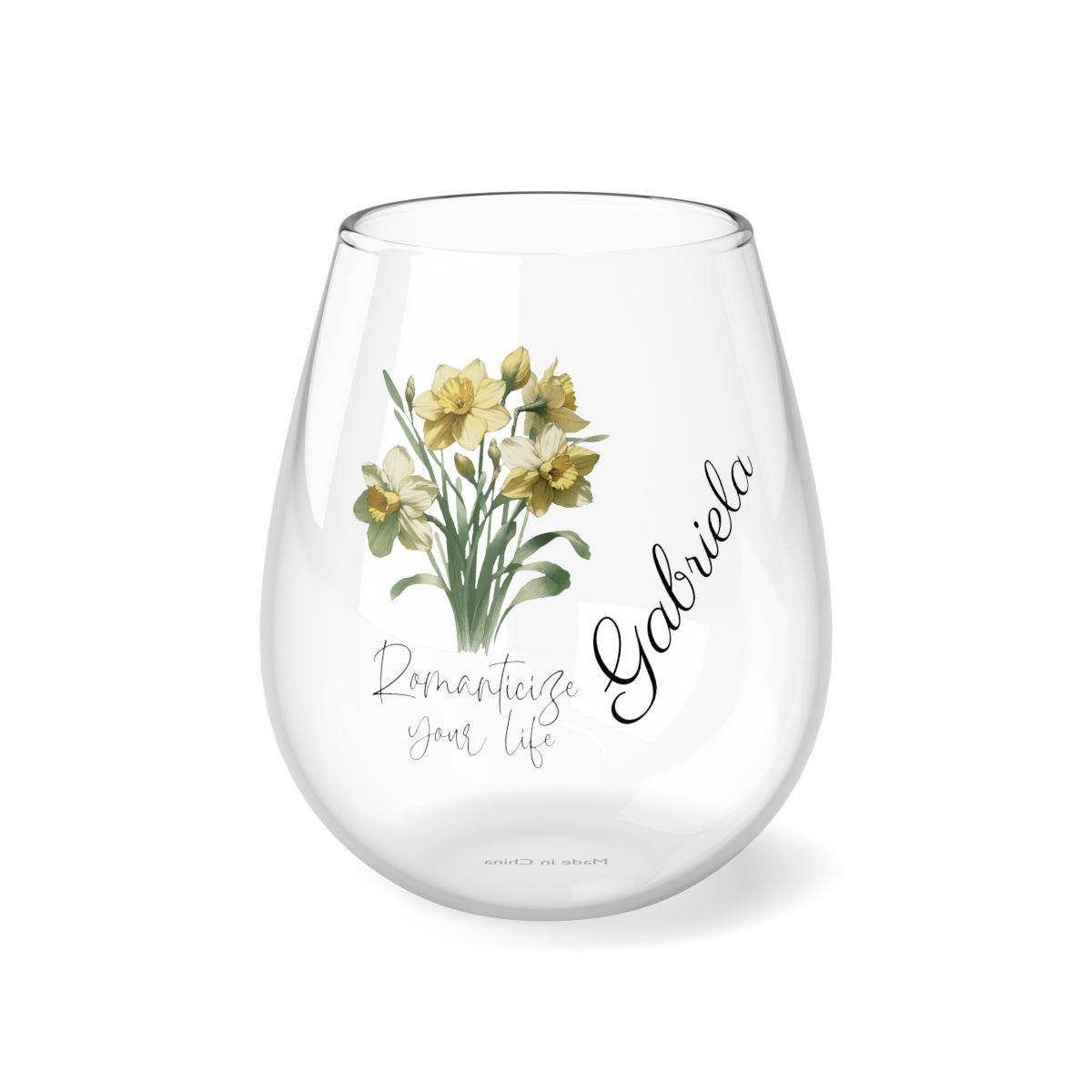 Daffodil-March Quote Personalised Floral Birthday Month Bouquet Wine Glass, Stemless Wine Glass, Whiskey Glass, Rocks Glass