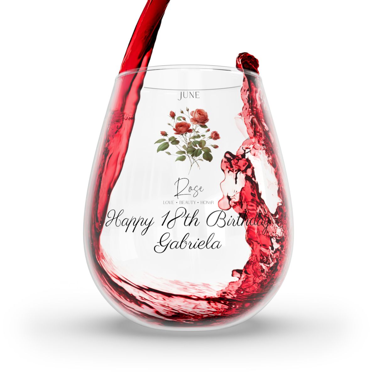Rose-June Personalised Floral Birthday Month Bouquet Wine Glass, Stemless Wine Glass, Whiskey Glass, Rocks Glass