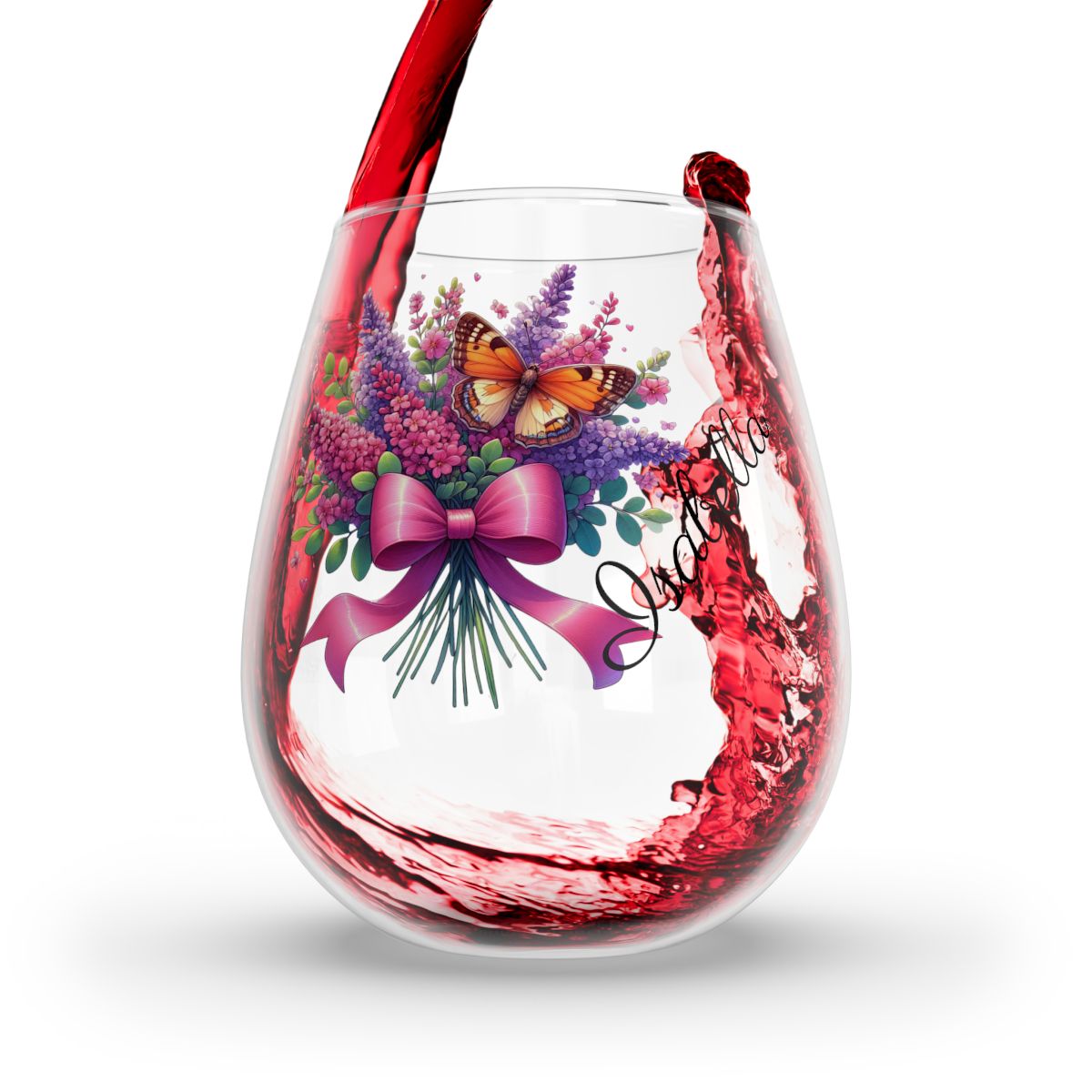 Personalised Floral Bouquet Wine Glass, Stemless Wine Glass, Whiskey Glass, Rocks Glass