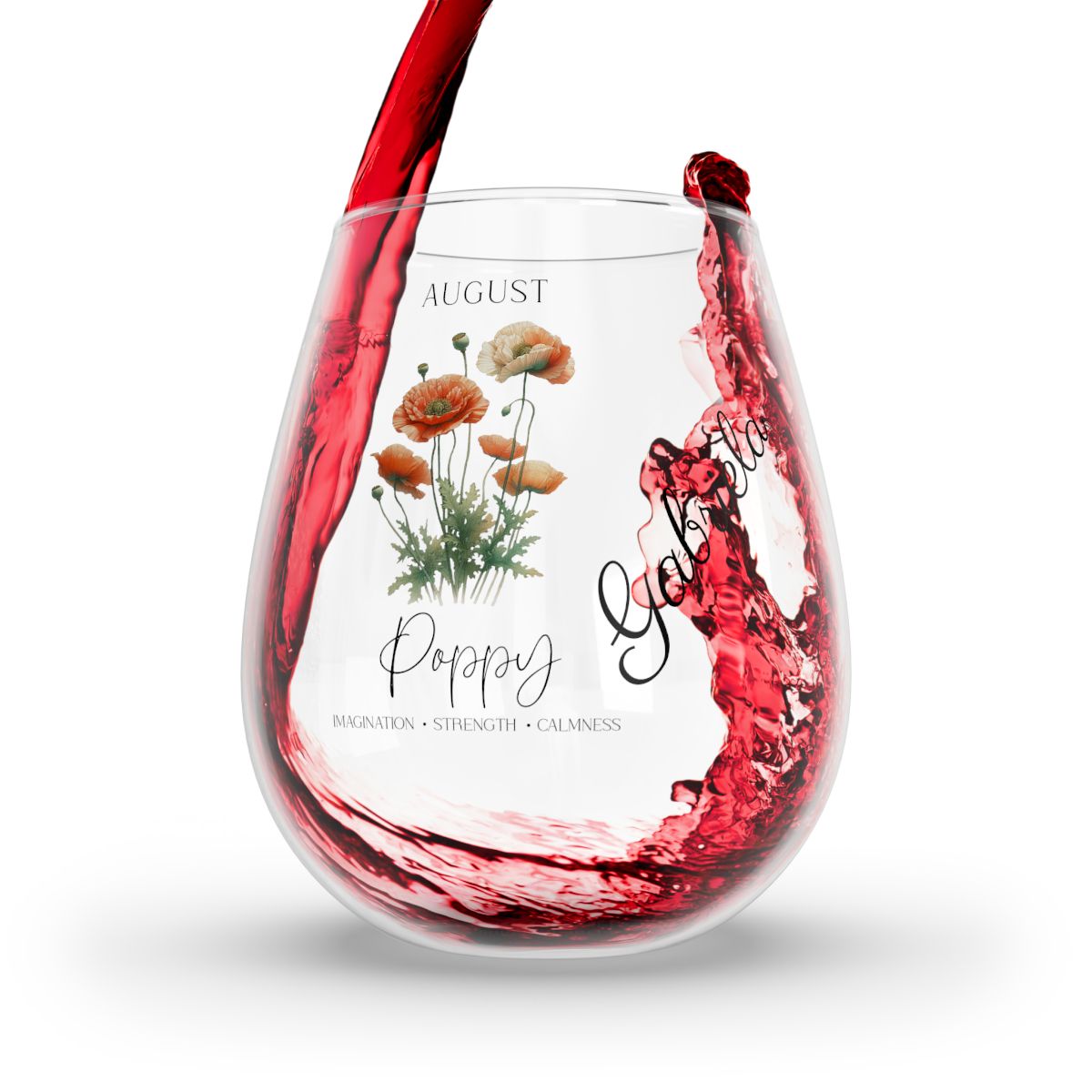 Poppy-August Personalised Floral Birthday Month Bouquet Wine Glass, Stemless Wine Glass, Whiskey Glass, Rocks Glass