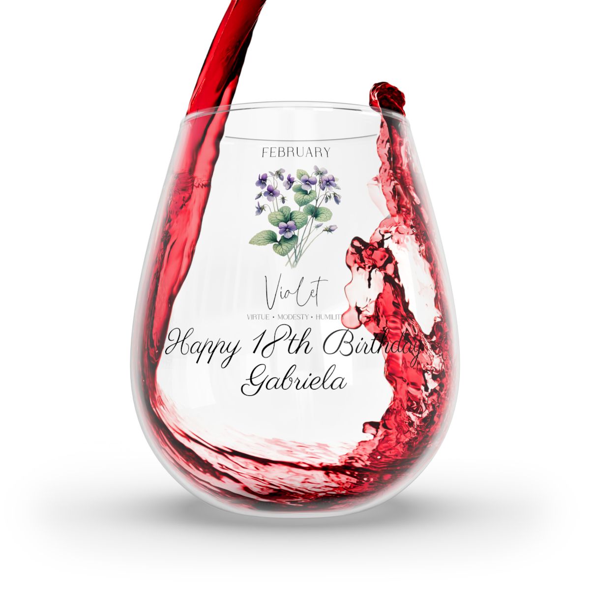 Violet-February Personalised Floral Birthday Month Bouquet Wine Glass, Stemless Wine Glass, Whiskey Glass, Rocks Glass