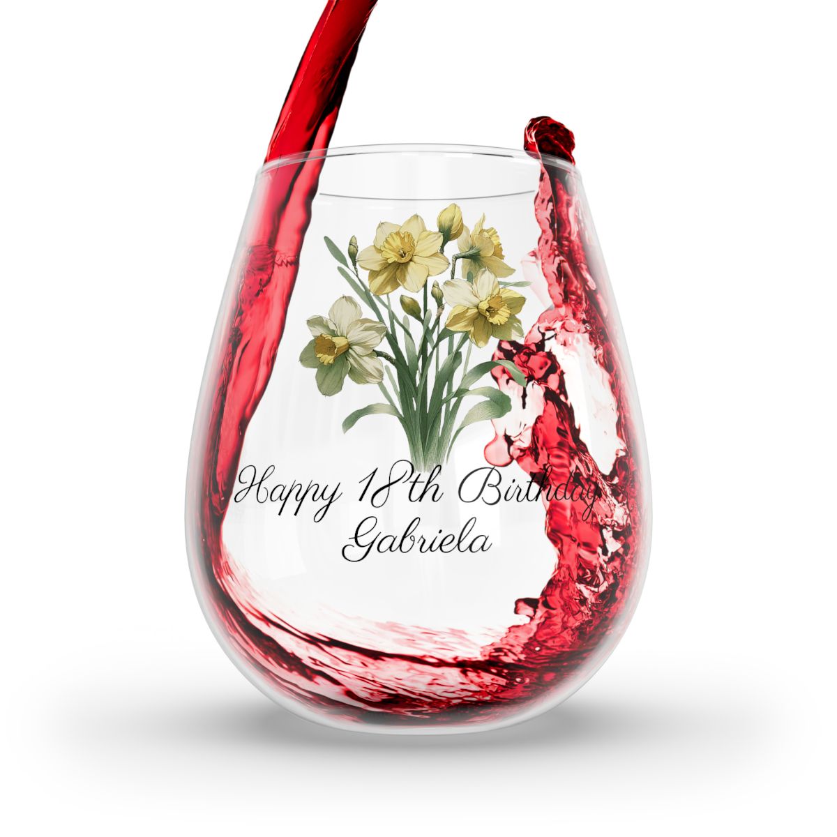 Daffodil March Personalised Floral Birthday Month Bouquet Wine Glass, Stemless Wine Glass, Whiskey Glass, Rocks Glass