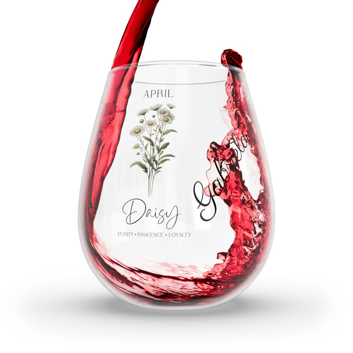 Daisy-April Personalised Floral Birthday Month Bouquet Wine Glass, Stemless Wine Glass, Whiskey Glass, Rocks Glass