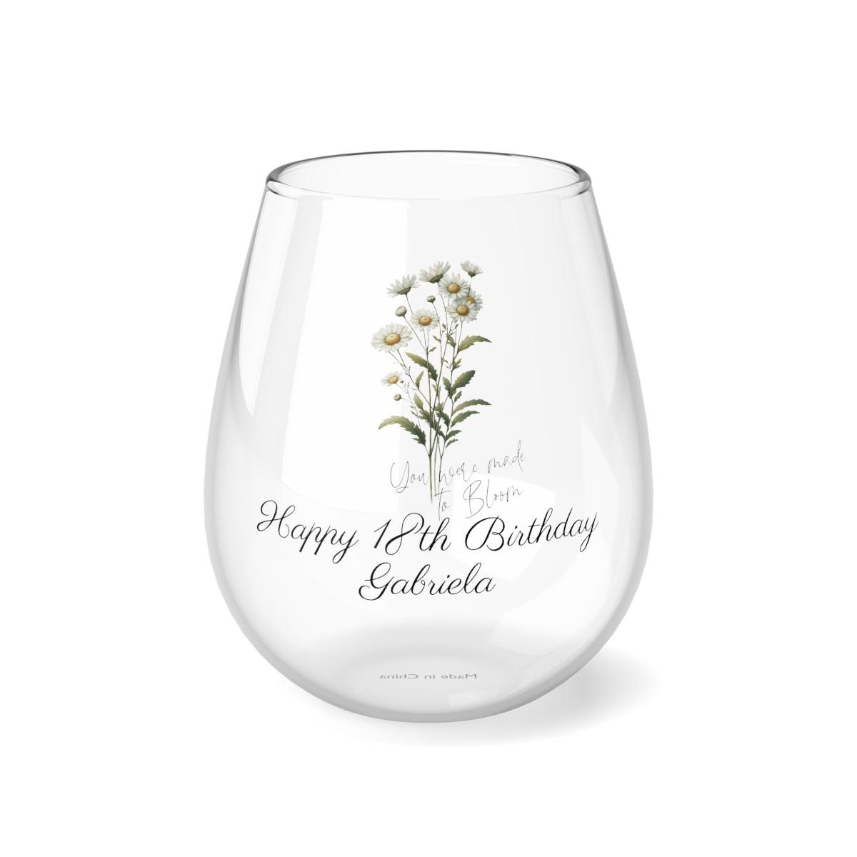 Daisy-April Quote Personalised Floral Birthday Month Bouquet Wine Glass, Stemless Wine Glass, Whiskey Glass, Rocks Glass