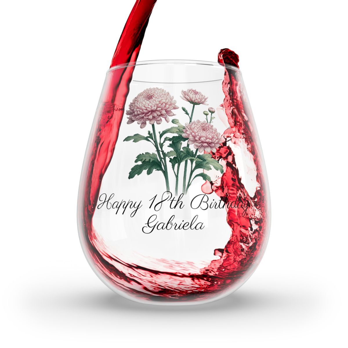 Chrysanthemum November Personalised Floral Birthday Month Bouquet Wine Glass, Stemless Wine Glass, Whiskey Glass, Rocks Glass