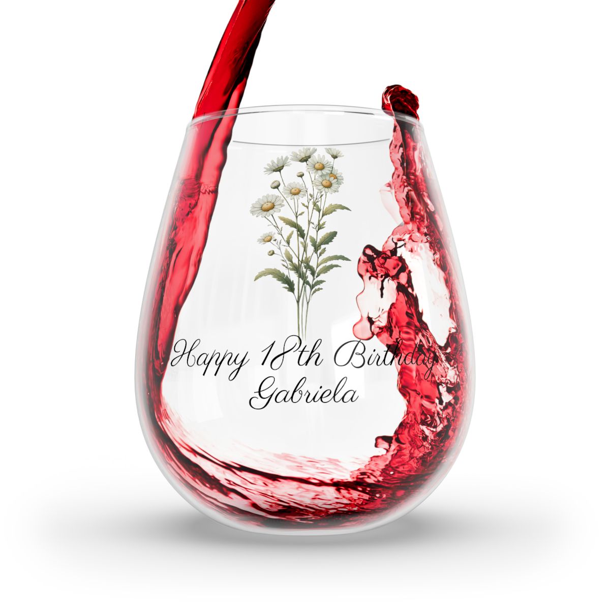 Daisy April Personalised Floral Birthday Month Bouquet Wine Glass, Stemless Wine Glass, Whiskey Glass, Rocks Glass