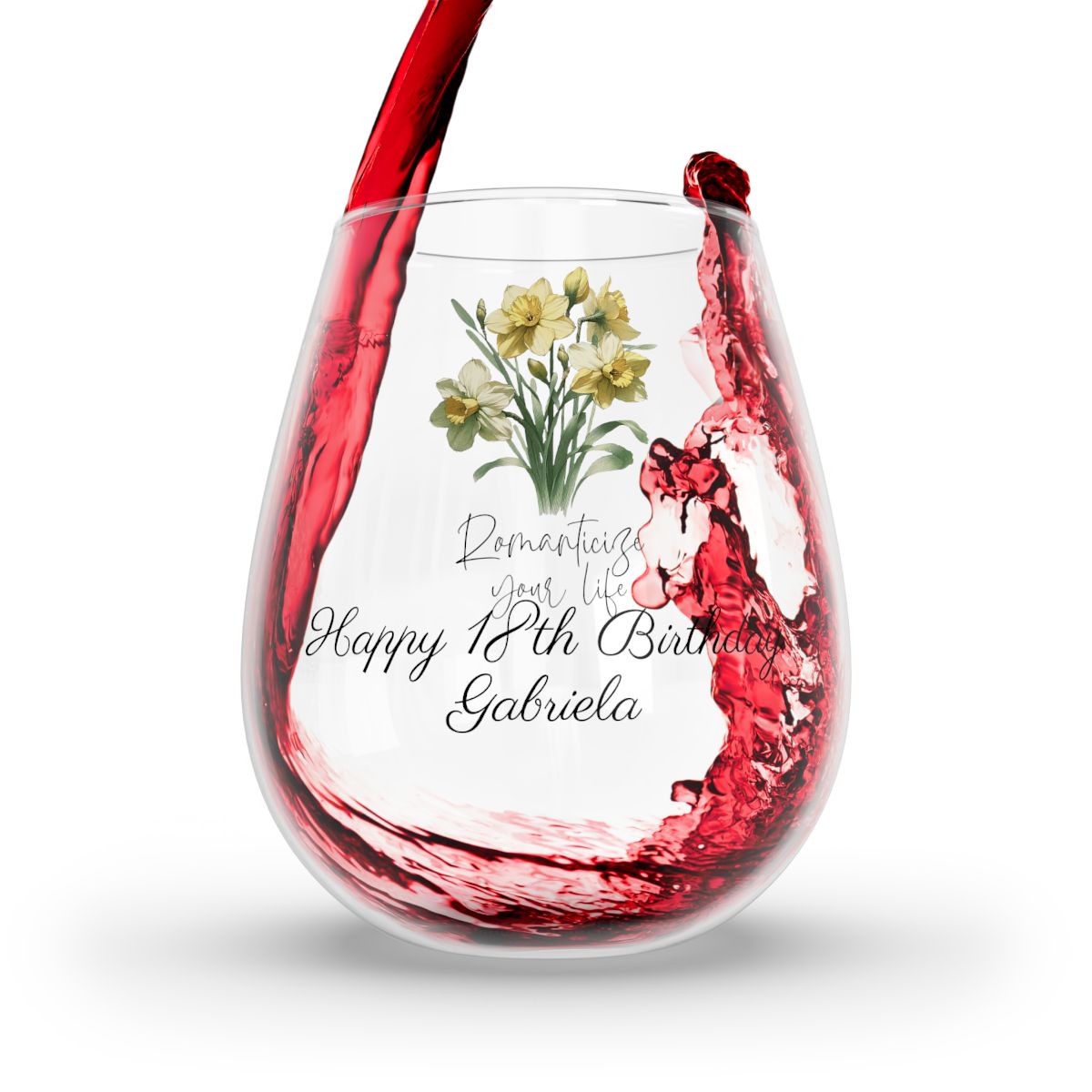 Daffodil-March Quote Personalised Floral Birthday Month Bouquet Wine Glass, Stemless Wine Glass, Whiskey Glass, Rocks Glass