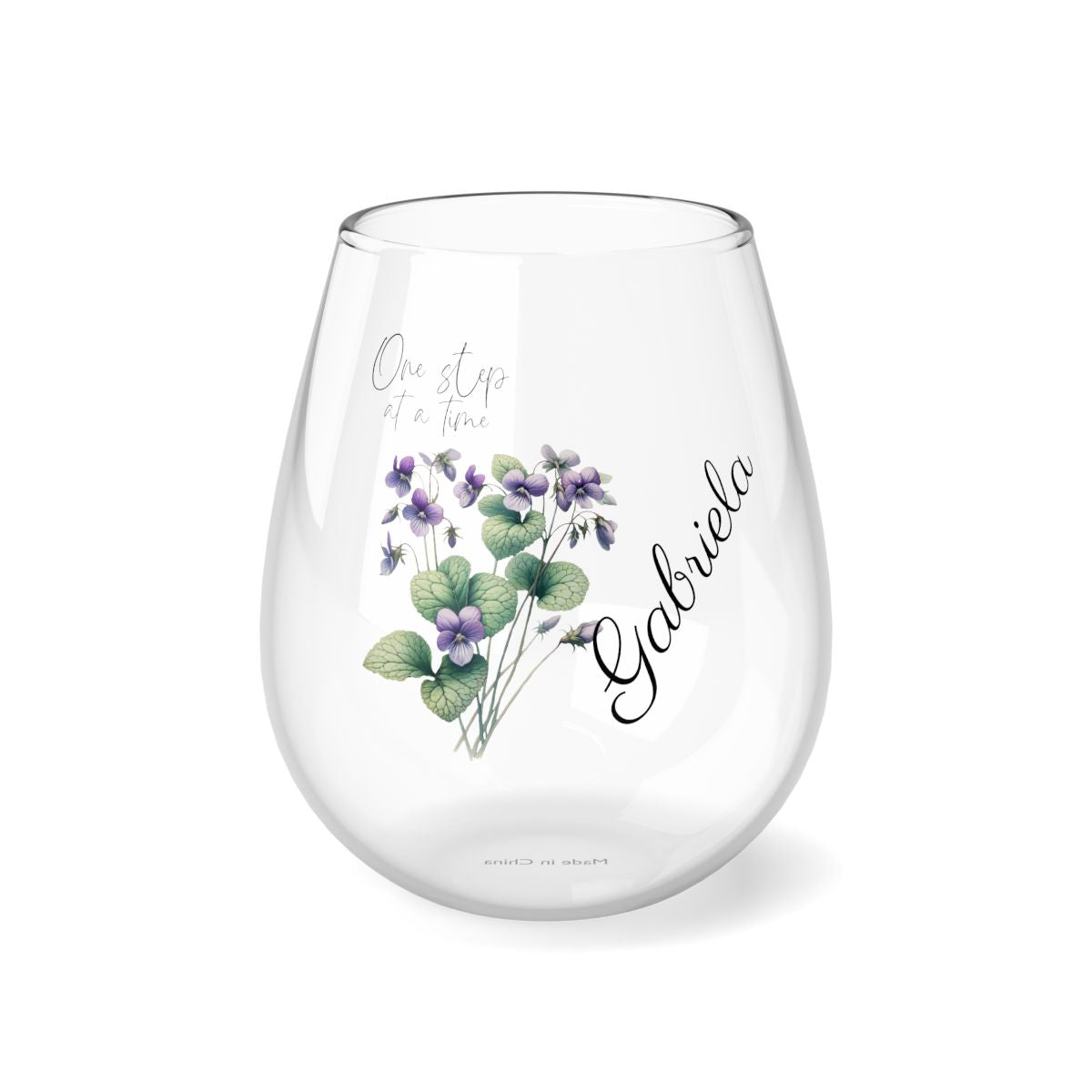 Violet-February Quote Personalised Floral Birthday Month Bouquet Wine Glass, Stemless Wine Glass, Whiskey Glass, Rocks Glass