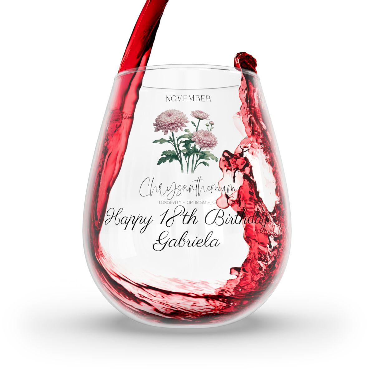 Chrysanthemum-November Personalised Floral Birthday Month Bouquet Wine Glass, Stemless Wine Glass, Whiskey Glass, Rocks Glass