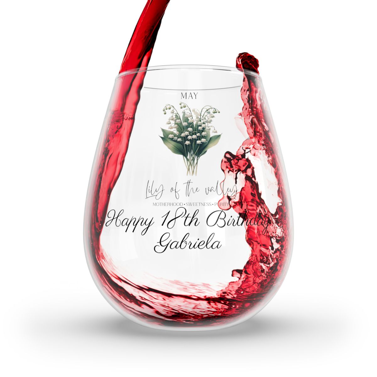 Lily of the valley-May Personalised Floral Birthday Month Bouquet Wine Glass, Stemless Wine Glass, Whiskey Glass, Rocks Glass