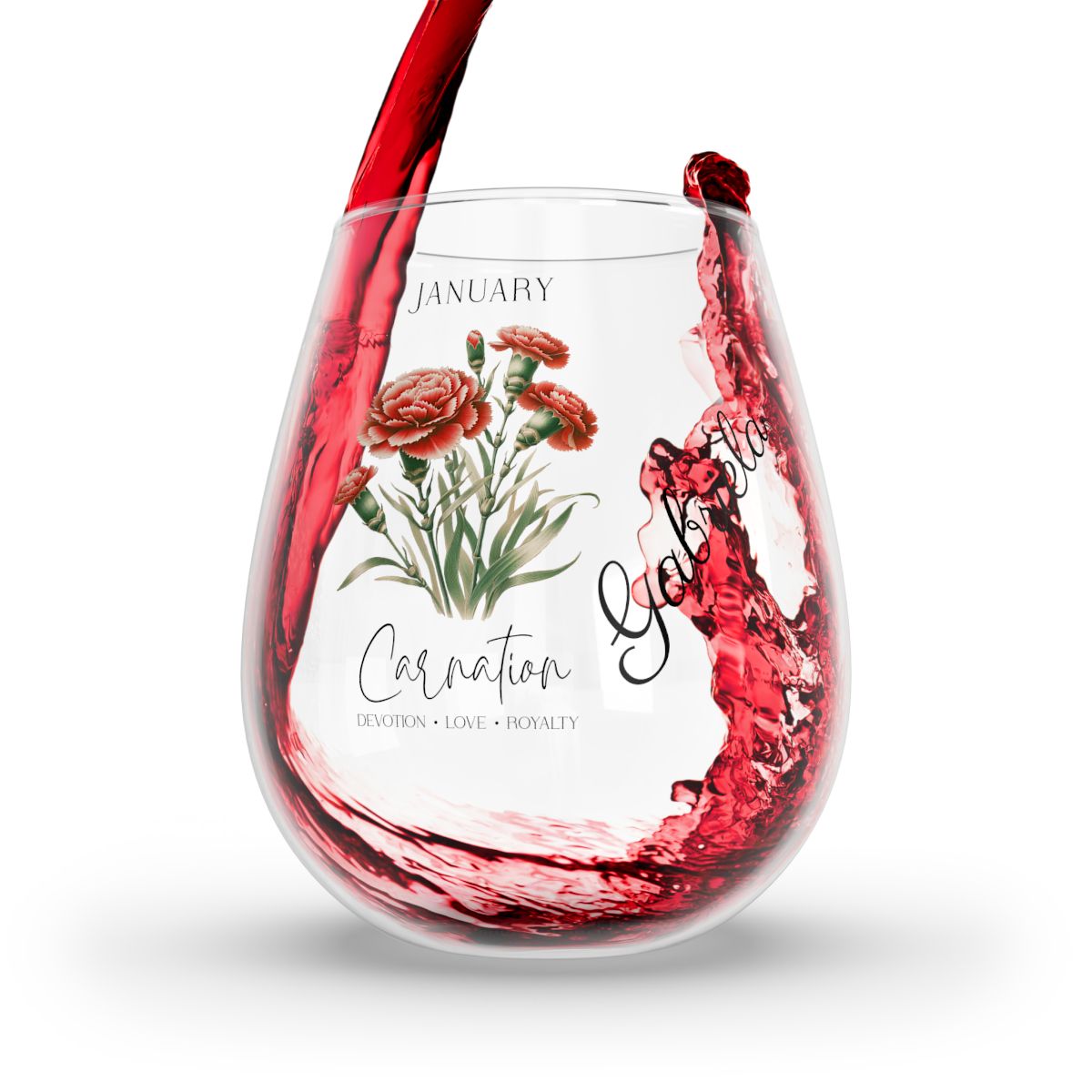 Carnation-January Personalised Floral Birthday Month Bouquet Wine Glass, Stemless Wine Glass, Whiskey Glass, Rocks Glass