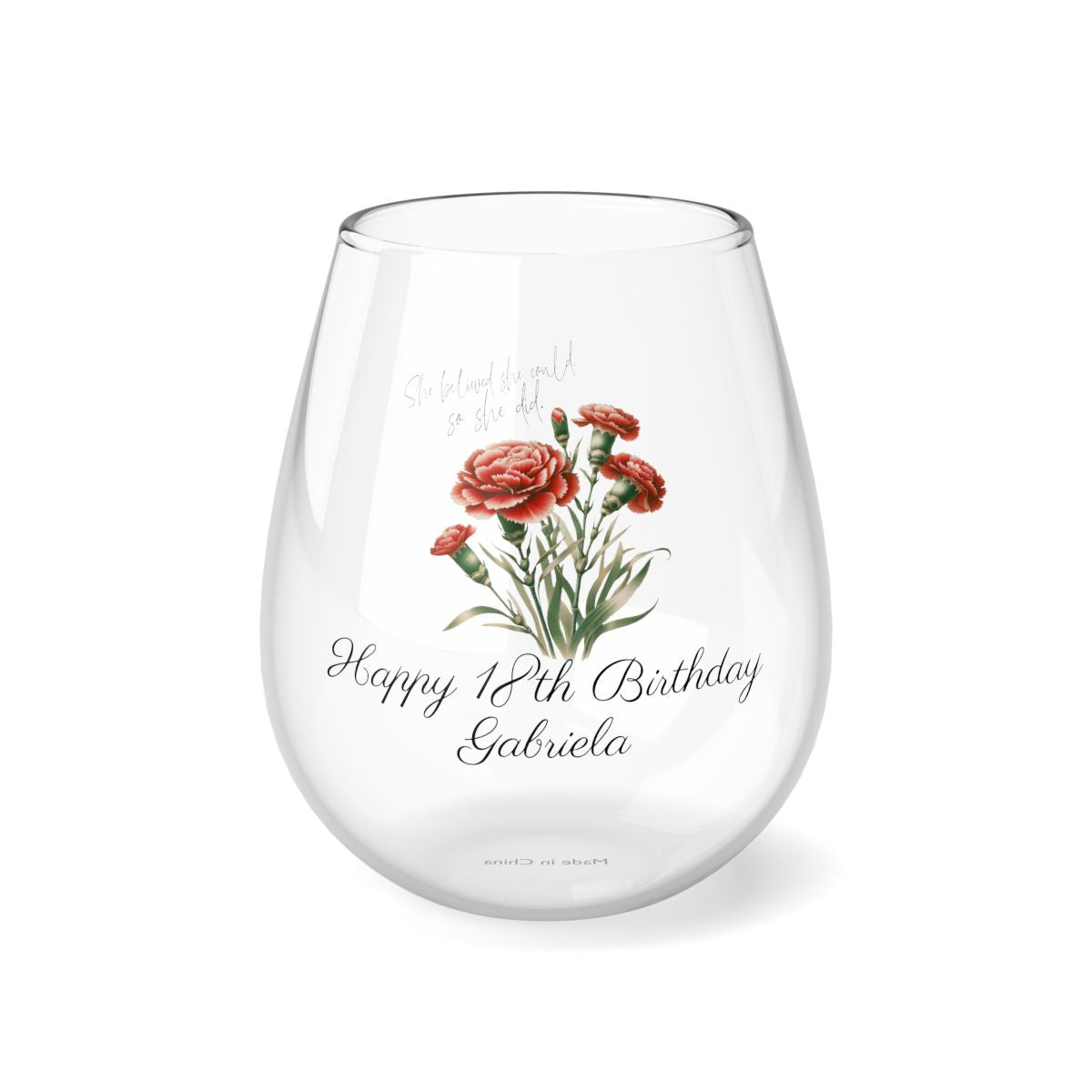 Carnation-January Quote Personalised Floral Birthday Month Bouquet Wine Glass, Stemless Wine Glass, Whiskey Glass, Rocks Glass