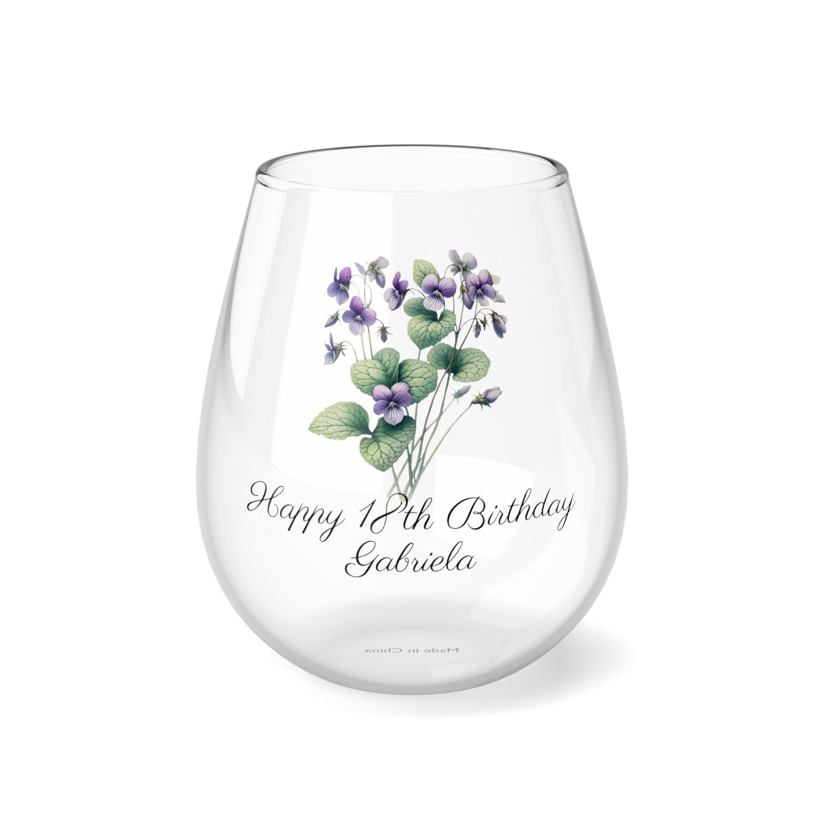 Violet February Personalised Floral Birthday Month Bouquet Wine Glass, Stemless Wine Glass, Whiskey Glass, Rocks Glass