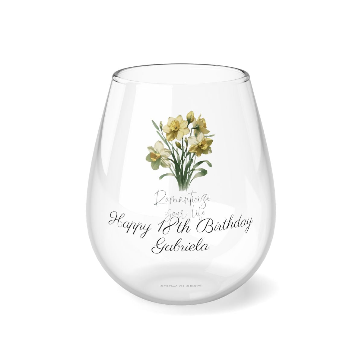 Daffodil-March Quote Personalised Floral Birthday Month Bouquet Wine Glass, Stemless Wine Glass, Whiskey Glass, Rocks Glass