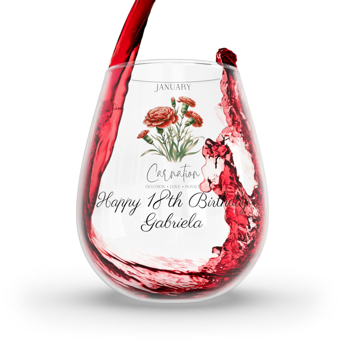 Carnation-January Personalised Floral Birthday Month Bouquet Wine Glass, Stemless Wine Glass, Whiskey Glass, Rocks Glass