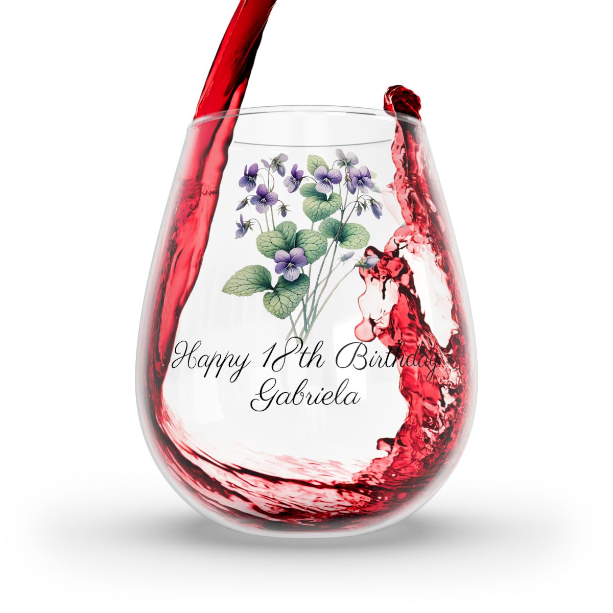 Violet February Personalised Floral Birthday Month Bouquet Wine Glass, Stemless Wine Glass, Whiskey Glass, Rocks Glass