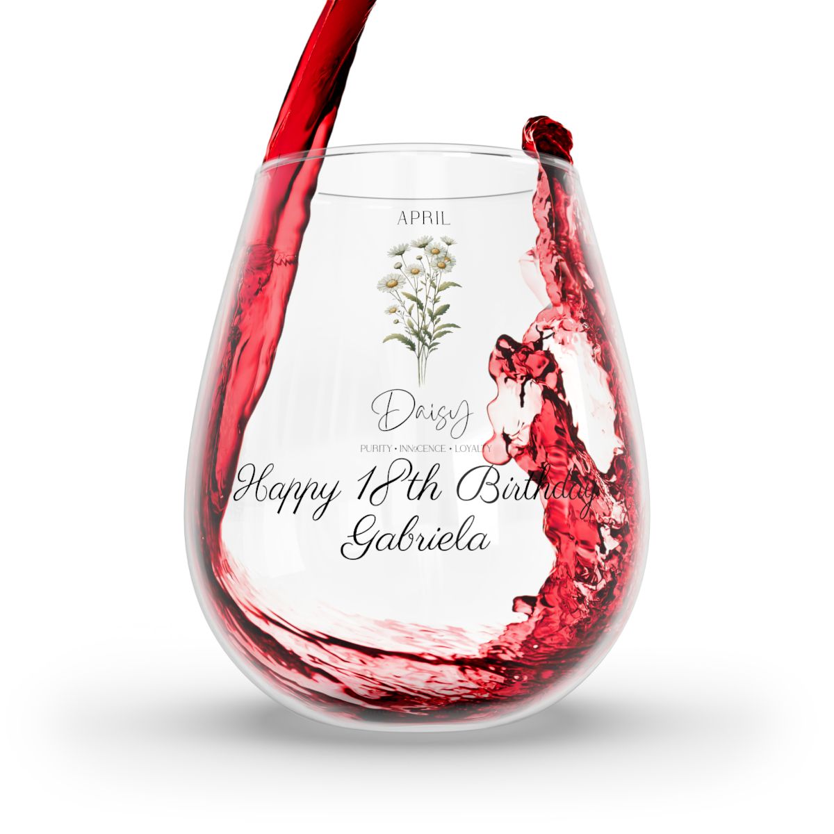 Daisy-April Personalised Floral Birthday Month Bouquet Wine Glass, Stemless Wine Glass, Whiskey Glass, Rocks Glass