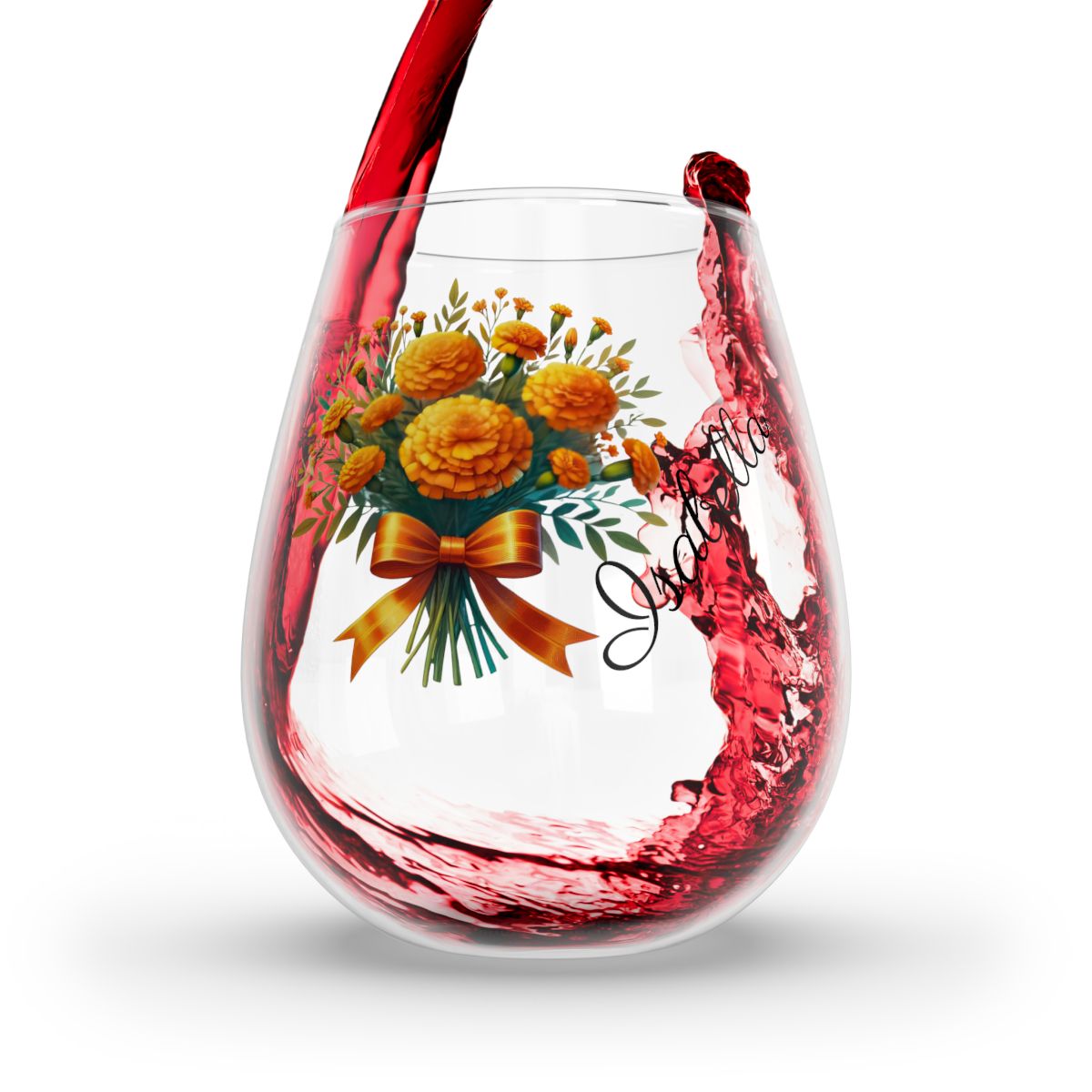 Personalised Floral Bouquet Wine Glass, Stemless Wine Glass, Whiskey Glass, Rocks Glass