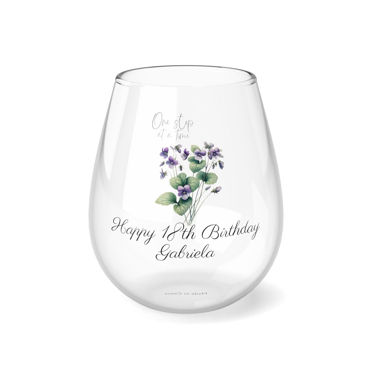 Violet-February Quote Personalised Floral Birthday Month Bouquet Wine Glass, Stemless Wine Glass, Whiskey Glass, Rocks Glass