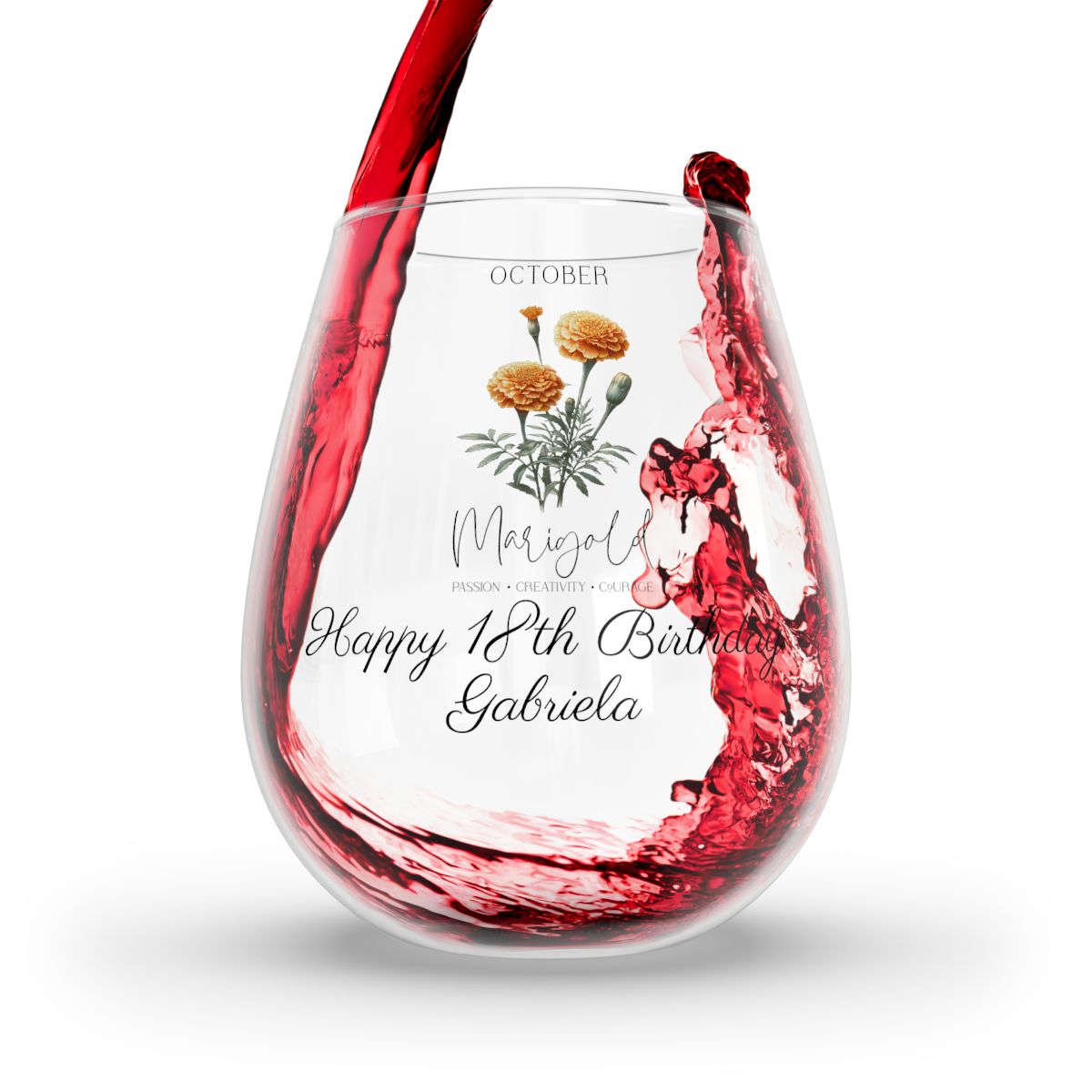 Marigold-October Personalised Floral Birthday Month Bouquet Wine Glass, Stemless Wine Glass, Whiskey Glass, Rocks Glass