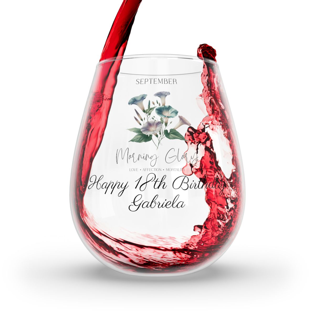 MorningGlory-September Personalised Floral Birthday Month Bouquet Wine Glass, Stemless Wine Glass, Whiskey Glass, Rocks Glass