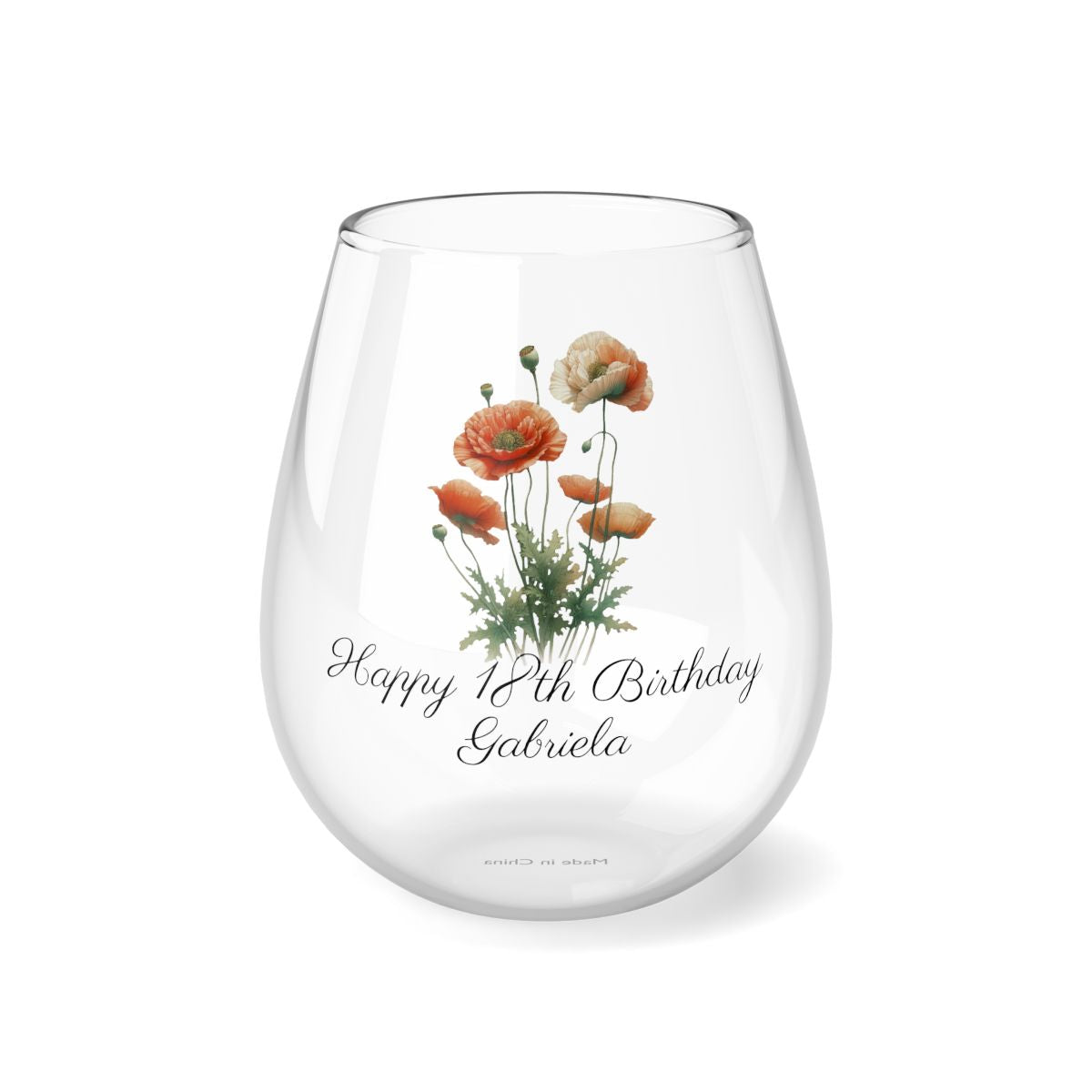 Poppy August Personalised Floral Birthday Month Bouquet Wine Glass, Stemless Wine Glass, Whiskey Glass, Rocks Glass
