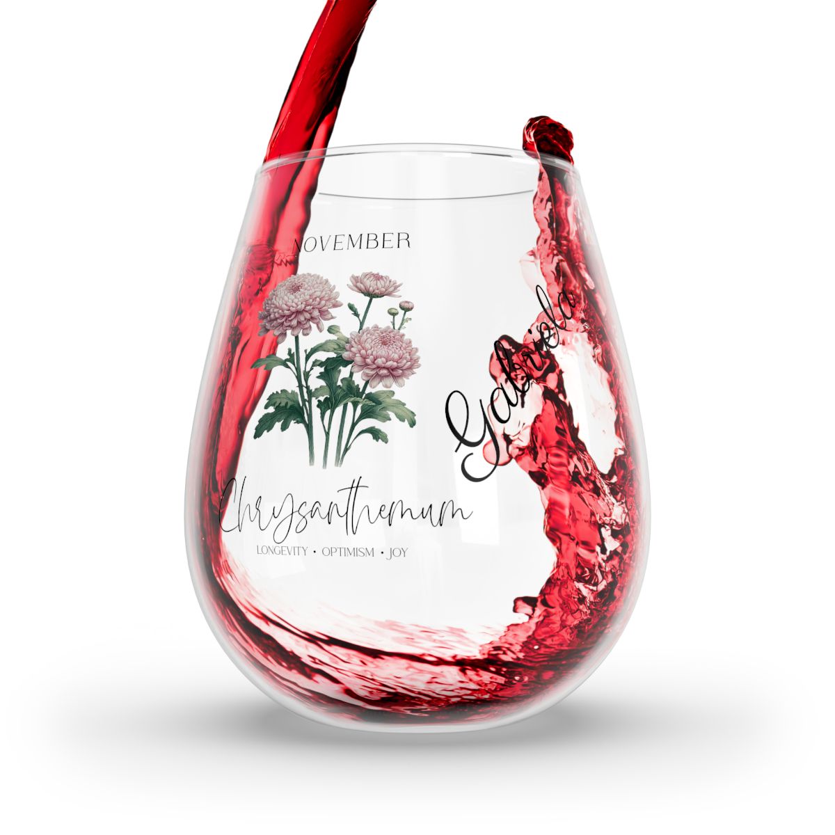 Chrysanthemum-November Personalised Floral Birthday Month Bouquet Wine Glass, Stemless Wine Glass, Whiskey Glass, Rocks Glass