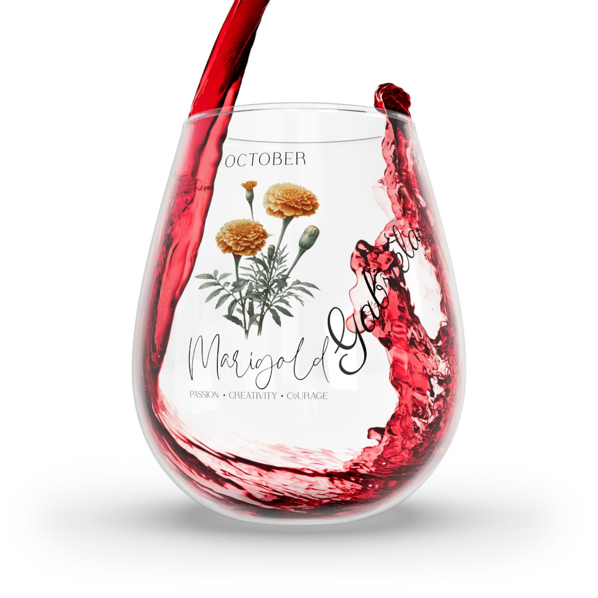 Marigold-October Personalised Floral Birthday Month Bouquet Wine Glass, Stemless Wine Glass, Whiskey Glass, Rocks Glass