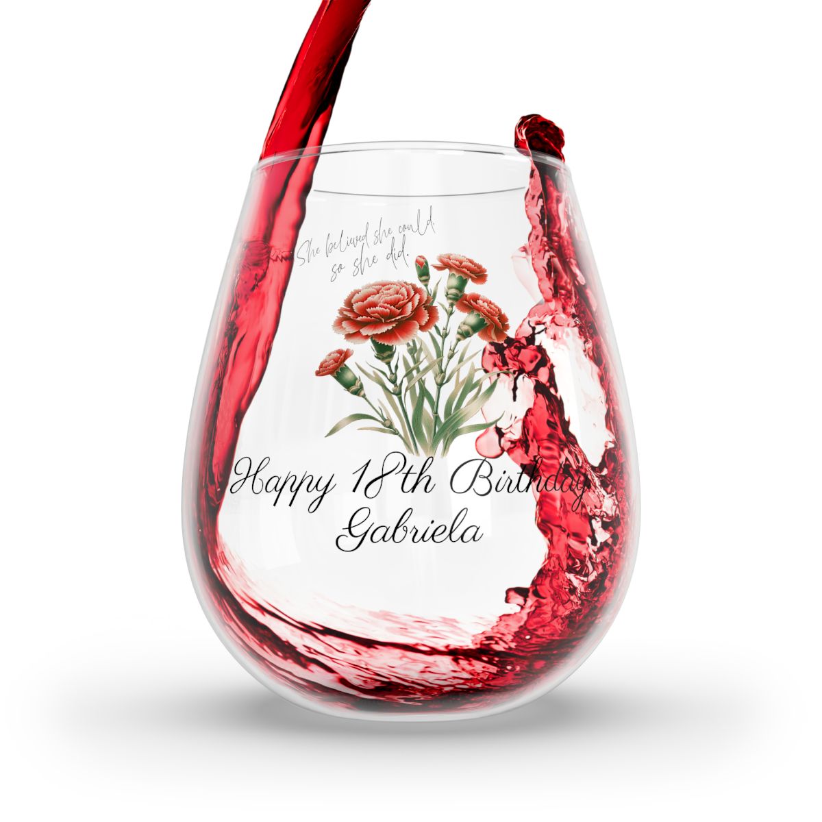 Carnation-January Quote Personalised Floral Birthday Month Bouquet Wine Glass, Stemless Wine Glass, Whiskey Glass, Rocks Glass