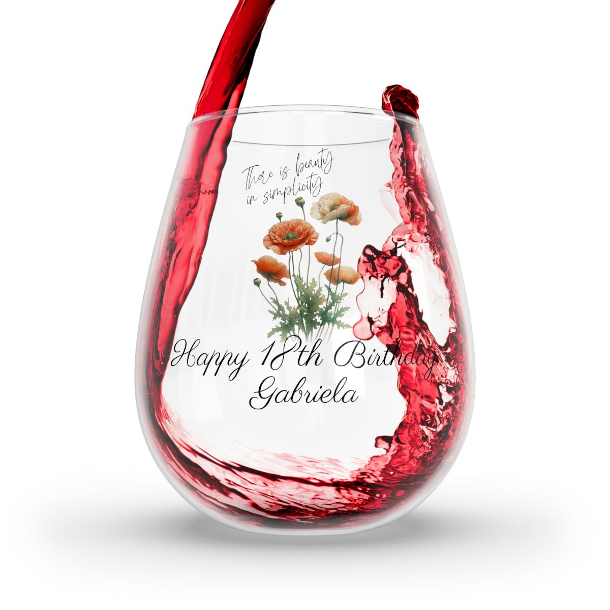 Poppy-August Quote Personalised Floral Birthday Month Bouquet Wine Glass, Stemless Wine Glass, Whiskey Glass, Rocks Glass