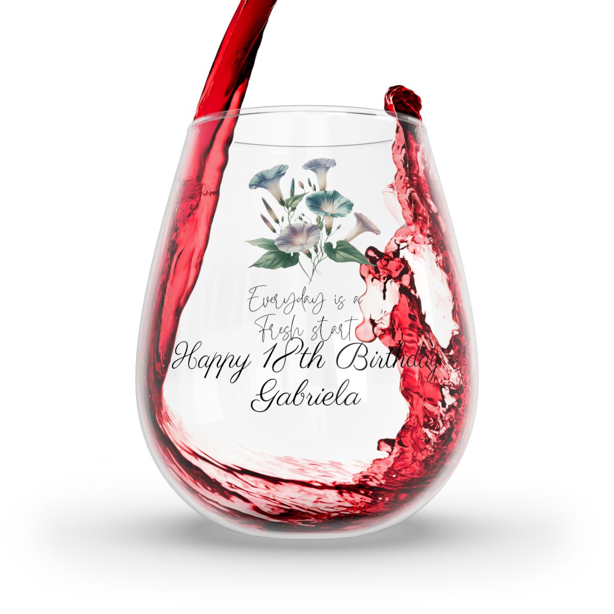 MorningGlory-September Quote Personalised Floral Birthday Month Bouquet Wine Glass, Stemless Wine Glass, Whiskey Glass, Rocks Glass