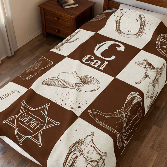 Western Theme Blanket, Cowboy Décor, Rustic Home Throw, Personalized Velveteen Blanket, Custom Gift, Soft Cozy Bedding, Horse theme Blanket