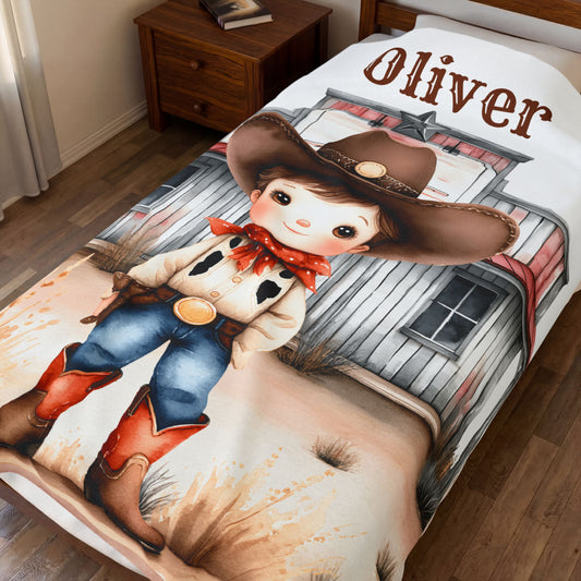 Personalized Cowboy/Cowgirl Blanket, Custom Name Kids Throw, Cozy Western Décor, Soft Velveteen Blanket, Personalized Gift