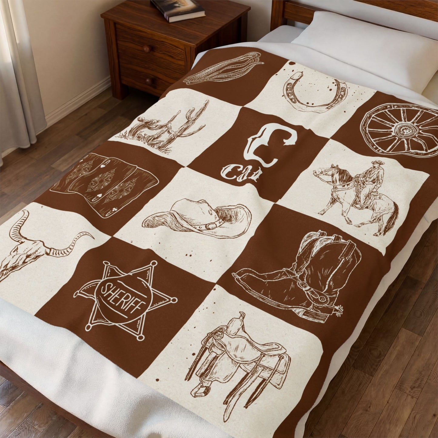Western Theme Blanket, Cowboy Décor, Rustic Home Throw, Personalized Velveteen Blanket, Custom Gift, Soft Cozy Bedding, Horse theme Blanket