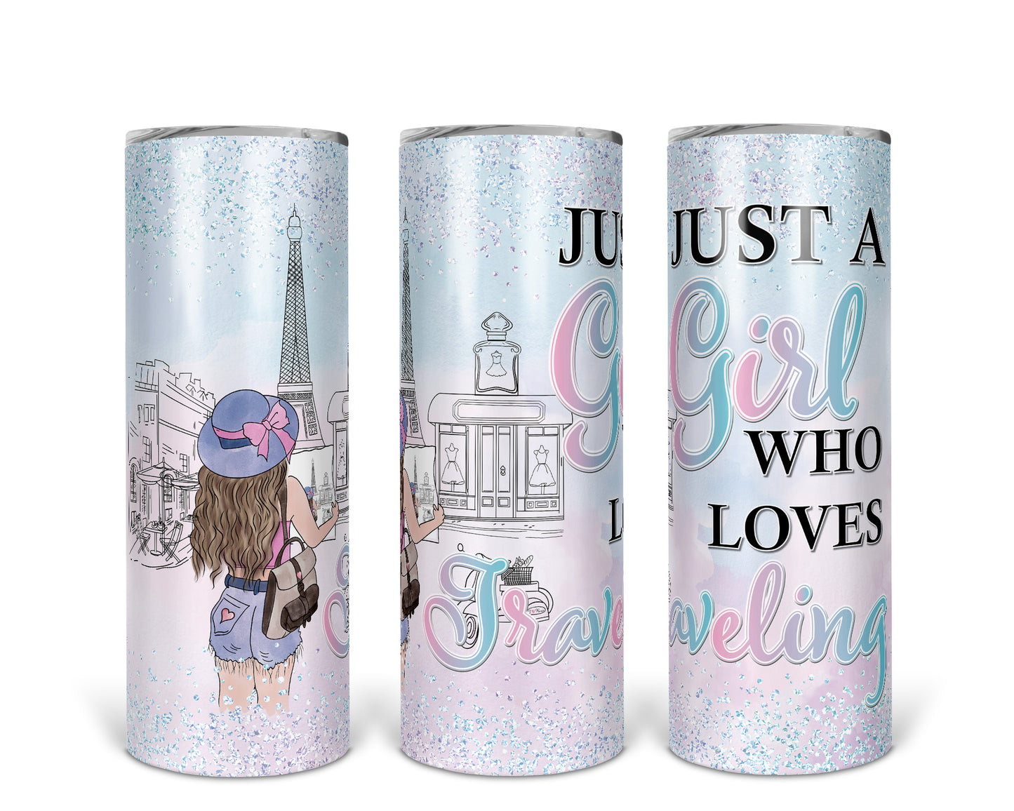 Skinny Tumbler with Straw, 20oz, Personalized, Paris, Just A Girl Who Loves Travelling