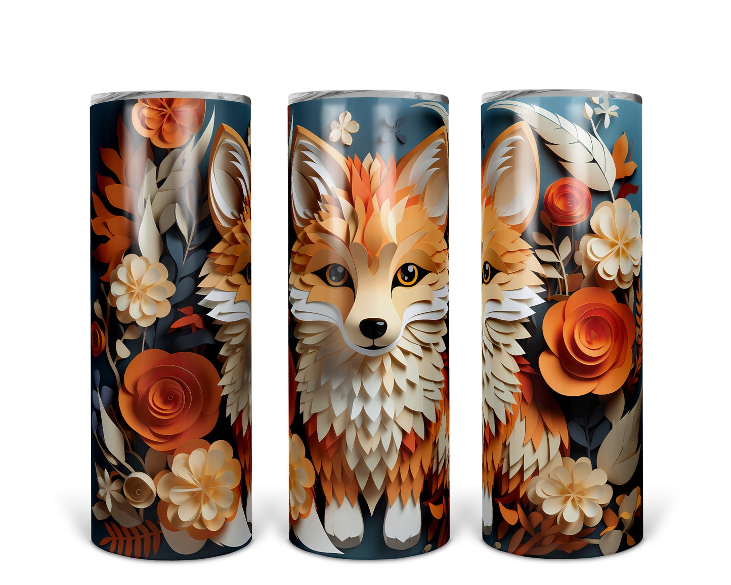 Skinny Tumbler with Straw, 20oz, Floral Paper Cut Fox, awd-426