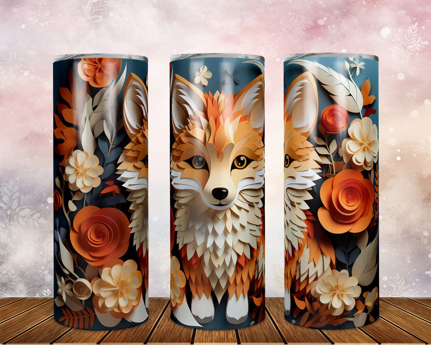 Skinny Tumbler with Straw, 20oz, Floral Paper Cut Fox, awd-426