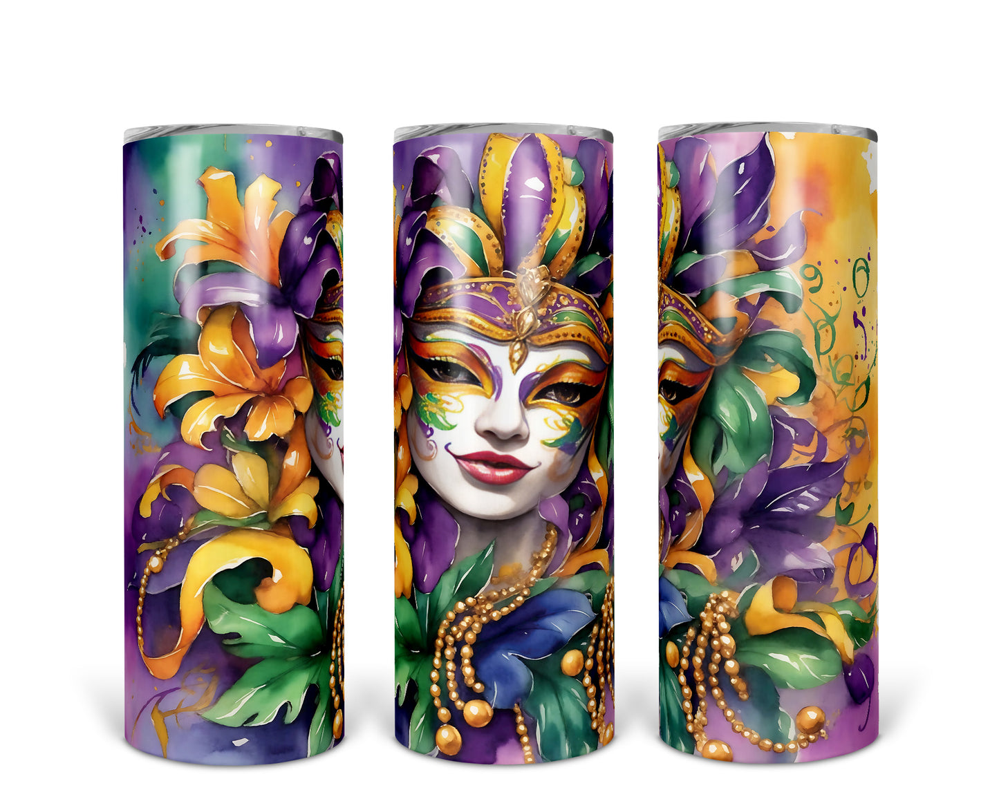 Skinny Tumbler with Straw, 20oz, Mardi Gras